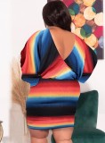 Plus Size Colorful Stripes Long Sleeve Open Back Ruched Dress with Belt