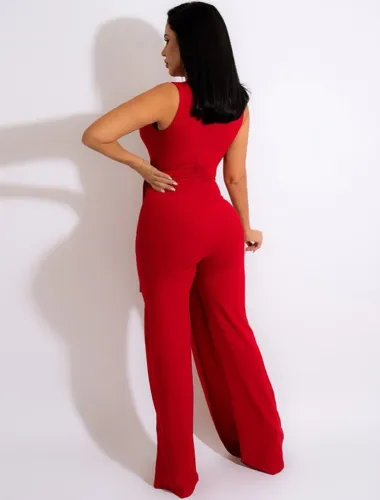 Red Deep-V Sleeveless Loose Jumpsuit with Belt