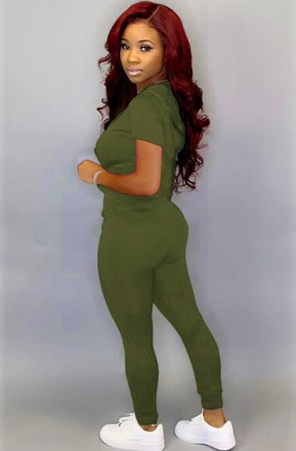 Green Short Sleeves Drawstring Hoody Top and Pants 2PCS Sets Tracksuit