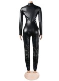 Black Leather Deep-V Zipper Up Long Sleeves Stack Jumpsuit