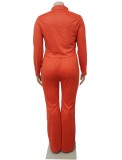 Plus Size Orange Velvet Button Up Long Sleeves Blouse and Pants 2PCS Set