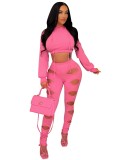 Rose Long Sleeves Hoody Crop Top and Hollow Out Pants 2PCS Set