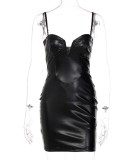 Black Leather Sweetheart Collar Sleeveless Cami Mini Dress