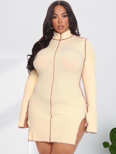 Plus Size Beige High Neck Flare Sleeve Slinky Mini Dress