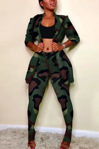 Print Turndown Collar Long Sleeve Blazer and Low Waist Pants 2PCS Set
