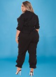 Plus Size Black Drawstrings Zip Up Half Sleeve Cargo Jumpsuit with Pocket