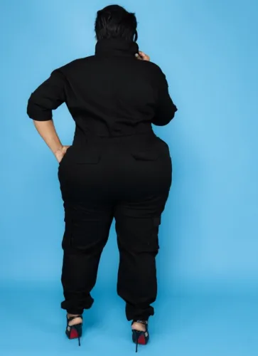 Plus Size Black Drawstrings Zip Up Half Sleeve Cargo Jumpsuit with Pocket