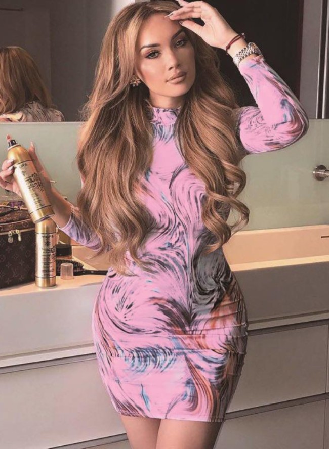 Wavy Stripes Print Pink Midi Neck Long Sleeve Slinky Mini Dress