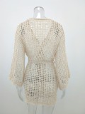 Beige Knitted Fishnet Long Sleeves Beach Cover-Up with Belt