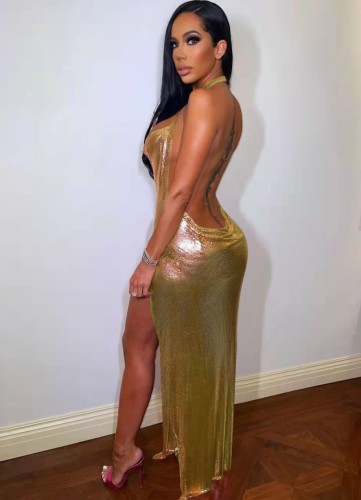 Gold Metallic Side Slit Cami Halter Backless Irregular Long Dress