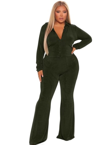 Plus Size Green Velvet Button Up Long Sleeves Blouse and Pants 2PCS Set