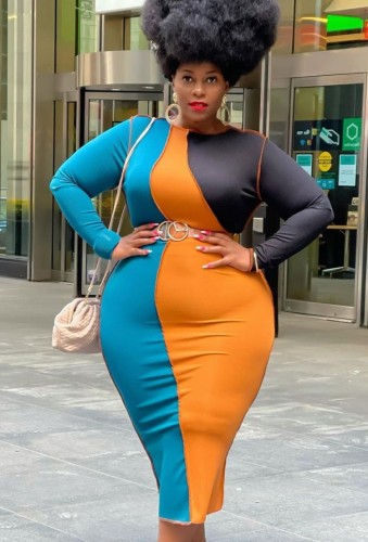 Plus Size Contrast Color O-Neck Long Sleeves Long Slinky Dress