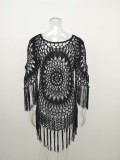 Black Knitted Fishnet O-Neck Tassel Beach Dress