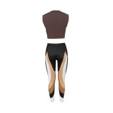 Brown O-Neck Sleeveless Crop Top and Print High Waist Pants 2PCS Set