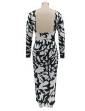 Dk-Green and White Print O-Neck Backless Tight Long Dress