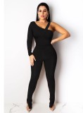 Black Single Long Sleeve Irregular Bodysuit and Pants 2PCS Set
