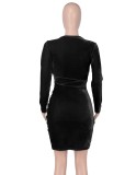 Black Velvet V-Neck Long Sleeve Ruched Irregular Mini Dress