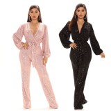 Black Sequins V-Neck Puff Long Sleeve Club Jumpsuit with Belt