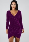 Purple Velvet V-Neck Long Sleeve Ruched Irregular Mini Dress