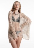 Beige Knitted Fishnet Long Sleeve Beach Mini Cover Up Dress