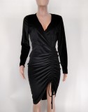 Black Velvet Long Sleeves V-Neck Draw Cord Mini Dress