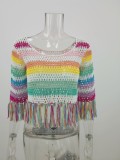Rainbow Crochet O-Neck Half Sleeve Tassel Crop Top