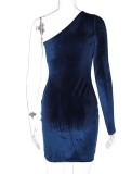 Blue Velvet One Shoulder Single Long Sleeve Slinky Mini Dress