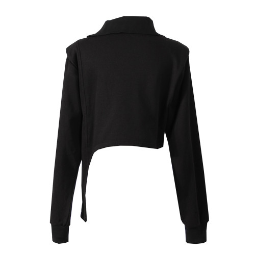 High Neck Black Irregular Long Sleeve Sweatshirt