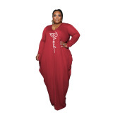 Plus Size Print Red Long Sleeve Loose Maxi Dress