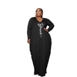 Plus Size Print Black Long Sleeve Loose Maxi Dress
