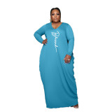 Plus Size Dark Blue Print Long Sleeve Loose Maxi Dress
