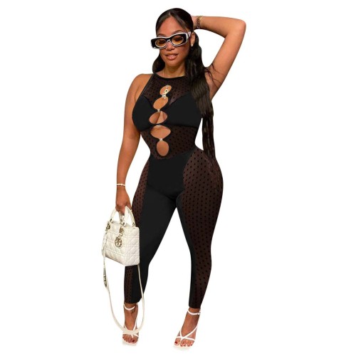 Black Mesh Splicing Sexy Hollow Out Sleeveless Jumpsuit