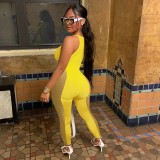 Yellow Mesh Splicing Sexy Hollow Out Sleeveless Jumpsuit