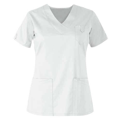 White Short Sleeve V Neck Nurse's Pocket Scrubs Top