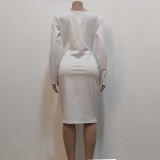 White Off Shoulder Long Sleeve Drawstring Ruched Sheath Mini Dress