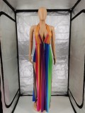 Rainbow Color Stripe Print Deep-V Halter Sleeveless Slit Long Dress
