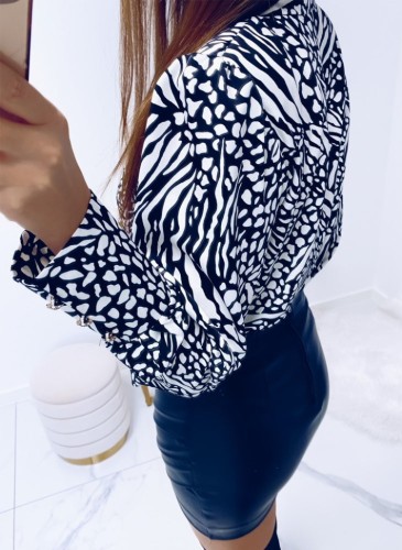 Print Knotted Turndown Collar Long Sleeve Blouse