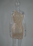 Khaki Sequins Single Shoulder Sleeveless Sheath Mini Dress