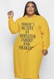 Plus Size Yellow Letter Pring Long Sleeve Slit Midi Hoody Dress