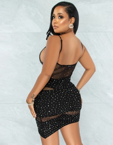 Black Beaded Mesh Patched Cami Mini Dress