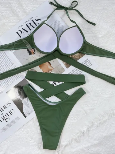 Green Hollow Out Criss Cross High Waist Halter Bikini Two Piece Set