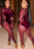 Burgunry Velvet Patch Mesh Midi Neck Long Sleeve Fitted Jumpsuit