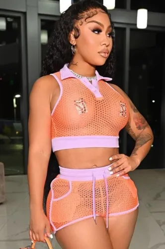 Orange Mesh Button Sleeveless Crop Top and Drawstring Short 2PCS Set
