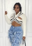White Knitted Hollow Out V-Neck Long Sleeve Crop Top