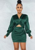 Green Silk Cut Out Twist Long Sleeve Ruched Mini Dress