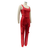 Red Leather Crop Tank and High Waist Pants with Pocket 2PCS Set