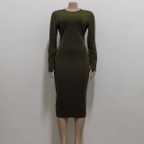 Green O-Neck Long Sleeve Tight Sheath Midi Dress
