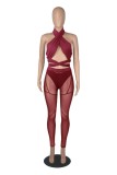 Red Halter Crop Top and See Through High Waist Pants with Pantie 3PCS Sets