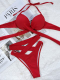 Red Hollow Out Criss Cross High Waist Halter Bikini Two Piece Set