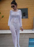 White Knitted Long Sleeve Slit Long Beach Dress